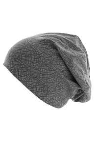 Gray beanie hat with a textured pattern featuring irregular lines, made from soft fabric, incorporating an oversized, slouchy design.