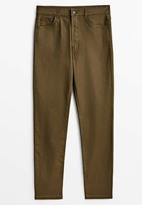 Jeans aus olivgrünem Denim mit schmaler Passform. Verfügt über fünf Taschen, einen vorderen Reißverschluss und Metallverschlüsse. Glatte Textur.