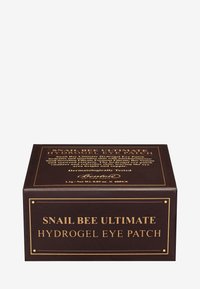 Braune rechteckige Box mit goldener Schrift, beschriftet "Snail Bee Ultimate Hydrogel Eye Patch." Enthält 60 Patches, wiegt jeweils 1,1 g.