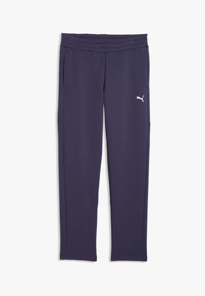 Dunkelblaue Sporthose mit elastischem Bund, Seitentaschen und kleinem weißen Puma-Logo am oberen linken Oberschenkel.