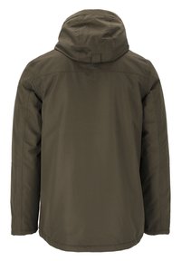 Olivgrön jacka med huva, gjord av slät tyg. Har en avslappnad passform, rak fåll och minimala sömdetaljer.