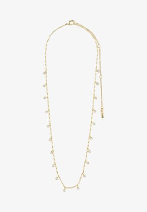 Collier doré avec chaîne délicate, comportant plusieurs petites cristaux transparents espacés uniformément le long de sa longueur. Fermeture ajustable.