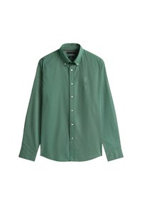Camisa verde de botones con un pequeño patrón geométrico, manga larga y un cuello clásico con un sutil logo en el pecho.