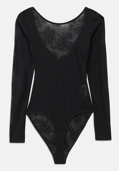 Svart bodysuit med lange ermer og dyp utringning. Har gjennomsiktig blomstermønsterpanel foran og strukturert stoff overalt.