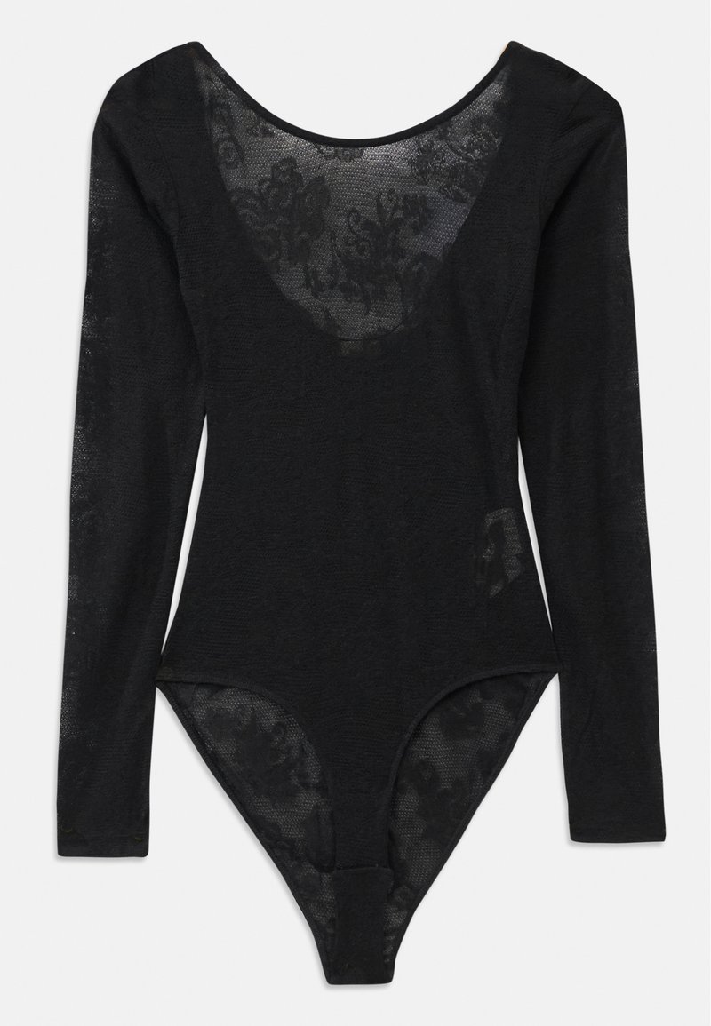 Body nero con maniche lunghe e scollatura profonda. Presenta un pannello in pizzo floreale trasparente nella parte frontale e tessuto testurizzato in tutto il capo.