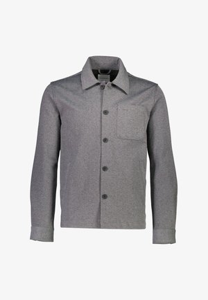 Veste grise à boutons avec col, dotée d'une poche poitrine unique et de boutons noirs. Fabriquée en tissu texturé.