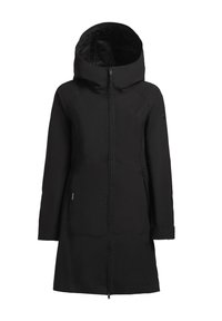 Black insulated coat with a high collar and attached hood. Features a front zipper, long sleeves, and side pockets. Smooth texture.