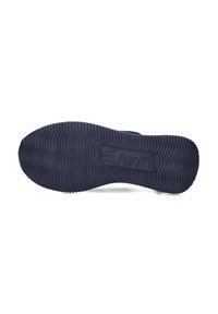 Black rubber shoe sole featuring a wavy texture and a rectangular logo. The bottom has a clear tread pattern for grip and traction.