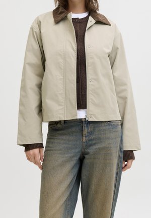 Person, die eine beige Jacke mit braunem Kragen, braunen Pullover und ausgebleichte blaue Jeans trägt, von Hals bis Hüfte vor einem einfachen Hintergrund gezeigt.