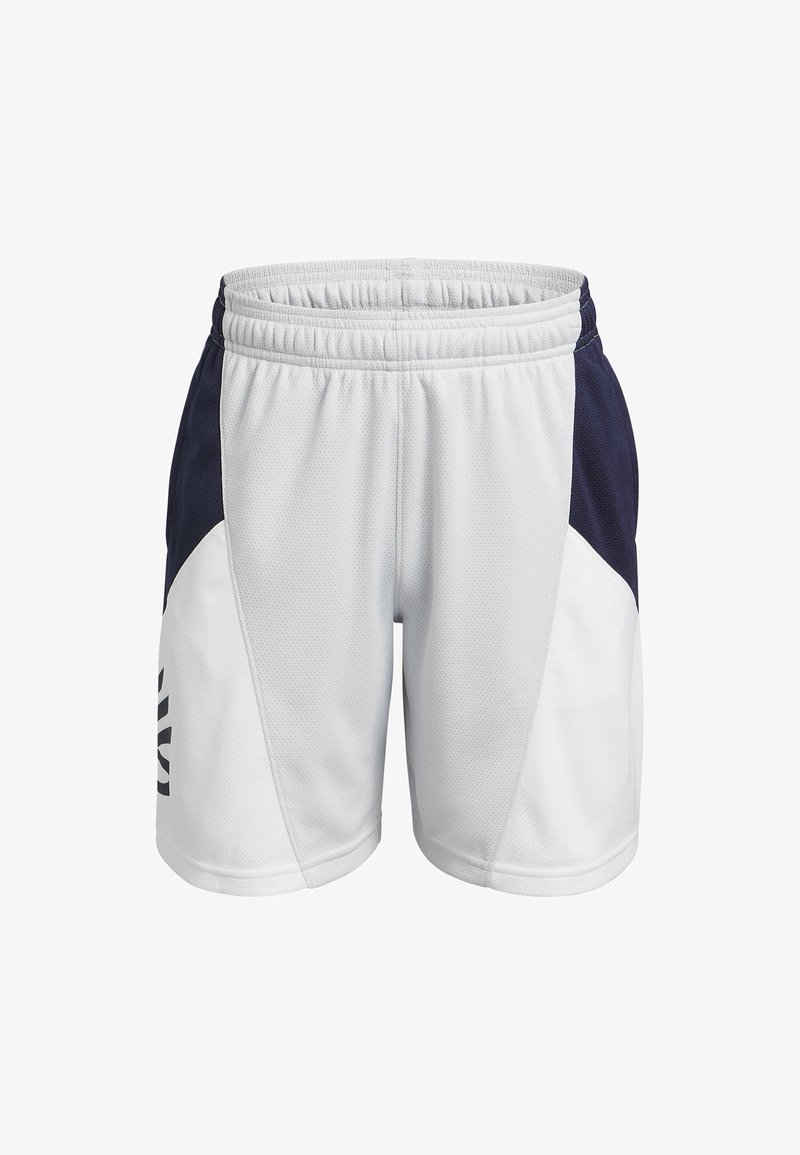 Valged spordilühikesed püksid tumesiniste külgpanelitega, elastse vöökohaga, võrkpinnaga ja vertikaalselt vasakul jalal trükitud logoga.