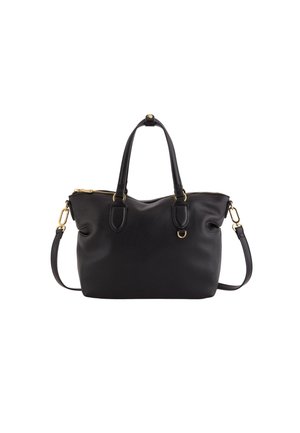 Schwarze Lederhandtasche mit strukturierter Oberfläche, goldenen Hardware-Akzenten, doppelten Obergriffen und einem abnehmbaren Schultergurt. Mit Reißverschlussverschluss oben.