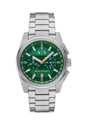 Męski zegarek Armani Exchange ze stali nierdzewnej z zieloną tarczą, białymi znacznikami godzin, subtarczami chronografu, datownikiem i pomarańczową wskazówką sekundową.