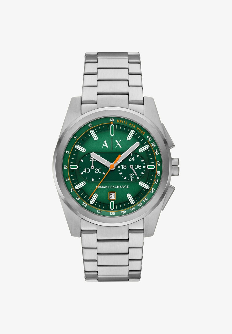Herreur i rustfrit stål fra Armani Exchange med grøn urskive, hvide timemarkeringer, kronograf-underuddialer, datovisning og orange sekundviser.