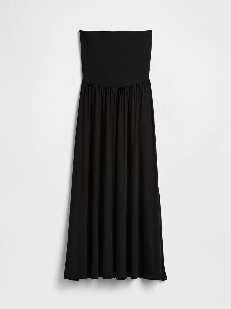 Robe maxi noire sans bretelles, dotée d'un corsage ajusté et d'un tissu fluide. Fabriquée en matériau lisse avec une taille froncée pour un drapé supplémentaire.