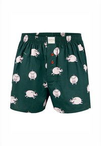 Groene katoenen boxershorts met een herhalend patroon van cartoonvarkens met overdreven gezichtsuitdrukkingen en kleine accenten van rood.