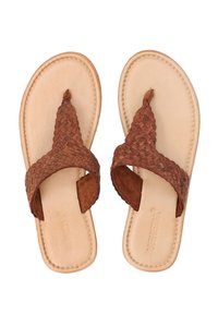 Bruine leren sandalen met een geweven bandontwerp en een zachte beige inlegzool. Heeft een platte zool en een ronde neus, met een gestructureerde afwerking.