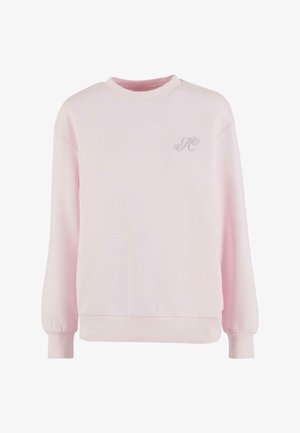 Jasnoróżowy sweatshirt wykonany z miękkiego materiału, z okrągłym dekoltem, długimi rękawami i małym haftowanym logo na piersi.