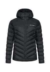 Schwarze Pufferjacke mit Zickzackmuster, Kapuze, Frontreißverschluss und Vaude-Logo auf der linken Brust; glatte, synthetische Stofftextur.