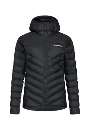 Doudoune noire avec un motif en chevrons, capuche, fermeture éclair à l'avant et logo Vaude sur la poitrine gauche ; texture en tissu synthétique lisse.
