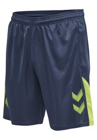 Granatowe sportowe spodenki z elastycznym pasem, kieszeniami po bokach oraz żółtymi akcentami w kształcie jodełki i paneli po bokach.
