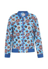 Jachetă bomber albastră cu un model floral de craniu, cu manșete și tiv elastic, și închidere cu fermoar. Fabricată dintr-un material neted.