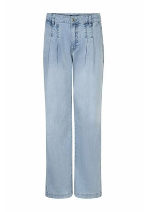 Lichtblauwe jeans met hoge taille en wijde pijpen, voorzien van plooien aan de voorkant, riemlussen, knoopsluiting en steekzakken aan de voorkant.