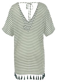 Gestreepte blouse in groen en wit, met een diep V-hals, korte mouwen en decoratieve franjes langs de zoom. Lichtgewicht, gestructureerde stof.