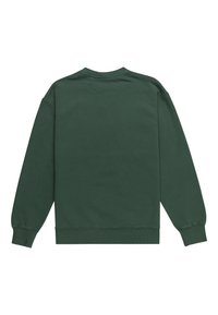 Sweat-shirt vert foncé à manches longues avec col ras du cou, poignets et ourlet côtelés, vu de dos sur fond blanc.