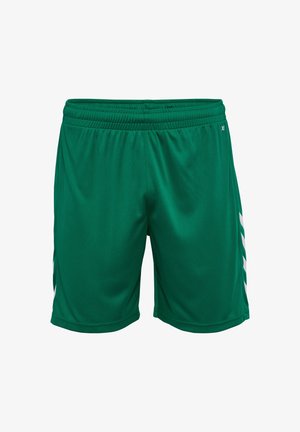 Grønne atletiske shorts lavet af let stof med elastisk talje og hvide side kærkomster. Glat tekstur, midt-lår længde.