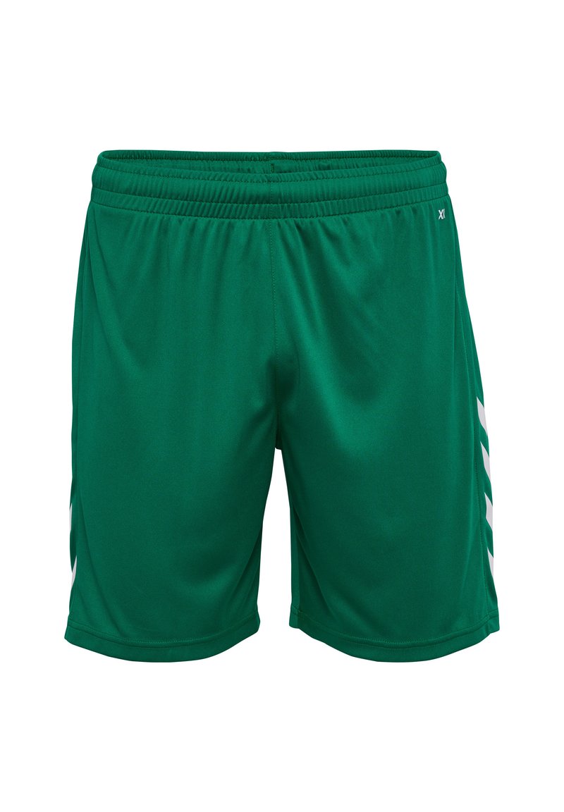 Shorts de sport verts en tissu léger avec une taille élastique et des accents blancs sur les côtés. Texture lisse, longueur mi-cuisse.