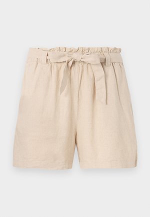 Beige linshorts med elastisk midjebånd, volangkant og avtakbart belte. Har en avslappet passform og glatt, teksturert stoff.