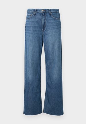 Vide benbukser i mellomblå denim, med klassisk fem-lommers design, metallknapp og subtil falming, laget av bomullsmateriale.