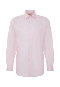 Helles rosa Langarm-Hemd mit Knopfleiste, klassischem Kragen, einer einzelnen Brusttasche und einer glatten Baumwolltextur.