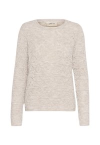 Pull en maille à manches longues de couleur crème, avec un col rond et un motif en dentelle de losanges subtils sur l'ensemble.