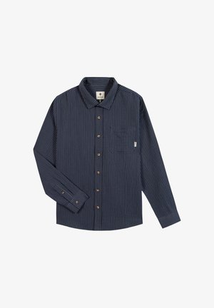 Marineblauw overhemd met lange mouwen, witte verticale strepen, een borstzak aan de voorkant en bruine knopen.