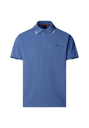 Modrý polo tričko s krátkými rukávy, dvouknoflíkovou légou, kontrastním lemováním na límci a manžetách a logem "Hackett" na levé straně hrudi.
