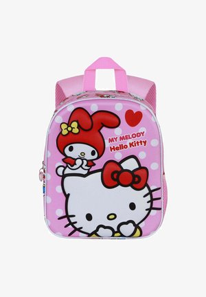 Sac à dos rose avec les personnages Hello Kitty et My Melody, motif à pois, matériau lisse, et double poignée supérieure pour le transport.