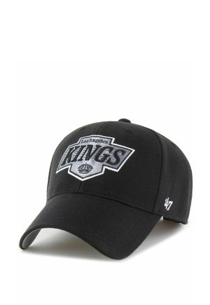 Black baseball cap with Los Angeles Kings logo in black and white on front and "47" embroidered in white on side.