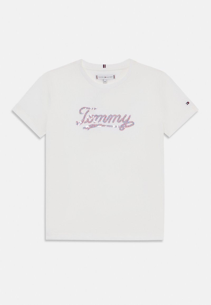 Biała bawełniana koszulka z krótkim rękawem z różowymi i niebieskimi cekinami w kształcie logo "Tommy". Okrągły dekolt i mały detal logo na rękawie.