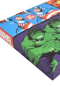 Marvel-themed advent calendar featuring colorful comic book art. Blue and green designs, printed numbers, and bold graphics of superheroes.