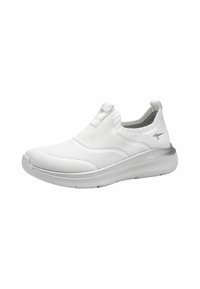 Chaussure de sport blanche à enfiler avec un dessus en tricot, un design texturé et un col rembourré. Semelle amortissante avec une finition lisse.