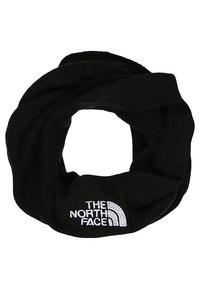 Svart rørskjerf laget av myk stoff, med en vridd design og en hvit brodert logo av "The North Face."