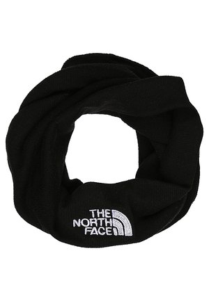 Svart tubformad scarf gjord av mjukt tyg, med entvistet design och en vit broderad logotyp av "The North Face."