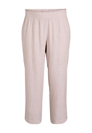 Svijetlosmeđi hlače do koljena s elastičnom trakom u struku. Izrađene su od mekog, teksturiranog materijala, s opuštenim, ravnim krojem.