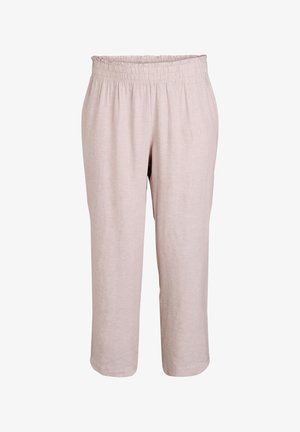 Svijetlosmeđi hlače do koljena s elastičnom trakom u struku. Izrađene su od mekog, teksturiranog materijala, s opuštenim, ravnim krojem.