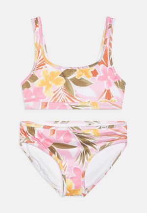Ensemble de bikini floral avec un motif tropical rose, jaune et vert. Fabriqué à partir d'un matériau léger avec une texture côtelée et des bretelles réglables.