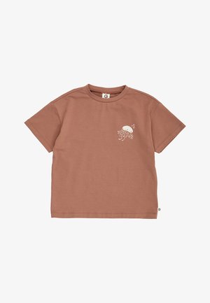 Braunes T-Shirt mit kurzen Ärmeln und einer kleinen weißen Qualle mit Blasen-Grafik auf der linken Brust.