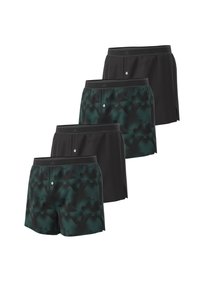 Pánské plavkové šortky s černým a tmavě zeleným abstraktním vzorem, elastickým pasem a bočními rozparky pro snadný pohyb.
