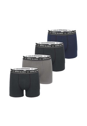 Quatre paires de boxers en noir, gris et marine, fabriqués dans un tissu doux, avec des ceintures élastiques dotées de lettres de marque et d'un logo.