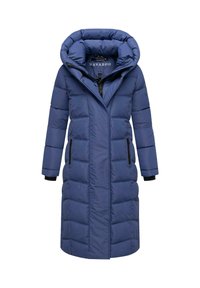 Lang blauw pufferjack met een capuchon, voorzien van een ritssluiting, zijzakken en geribbelde manchetten; gewatteerd ontwerp met een gladde textuur.